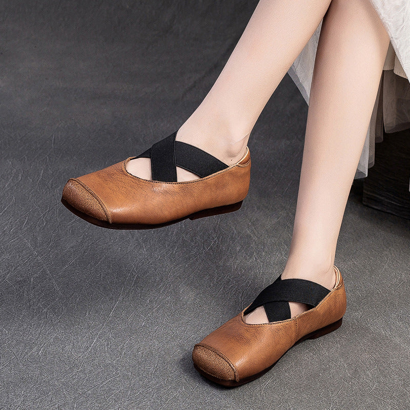 Women Retro Cross Strap Leather Casual Flats-RAIIFY