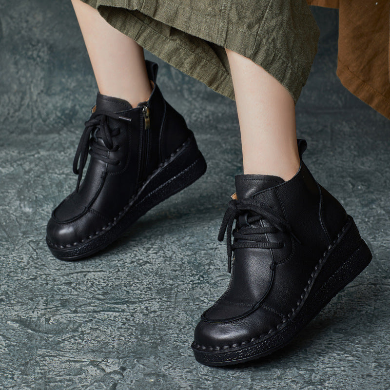 Women Retro Handmade Leather Wedge Ankle Boots-RAIIFY