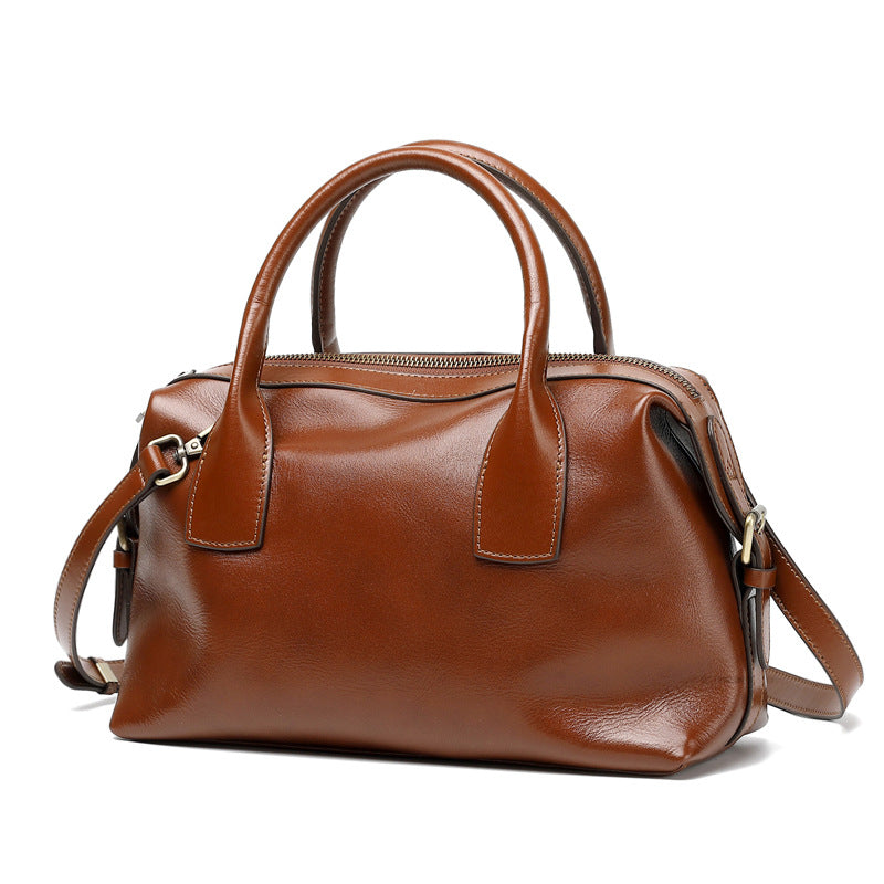 Women's Vintage Plain Leather Casual Boston Bag-RAIIFY