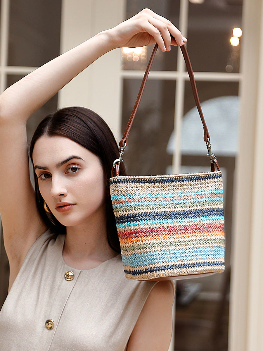 Women's Summer Fashion Rainbow Straw Woven Tote Bag-RAIIFY