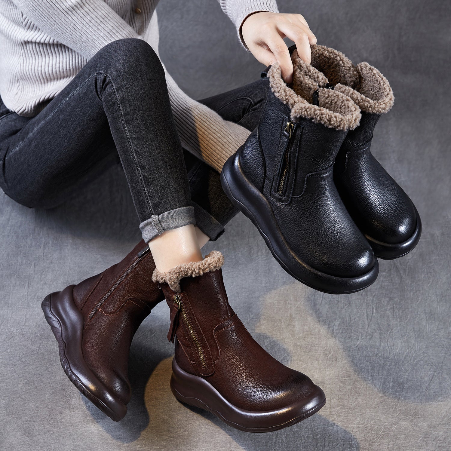 Women's Vintage Leather Furred Mid-Calf Snow Boots-RAIIFY