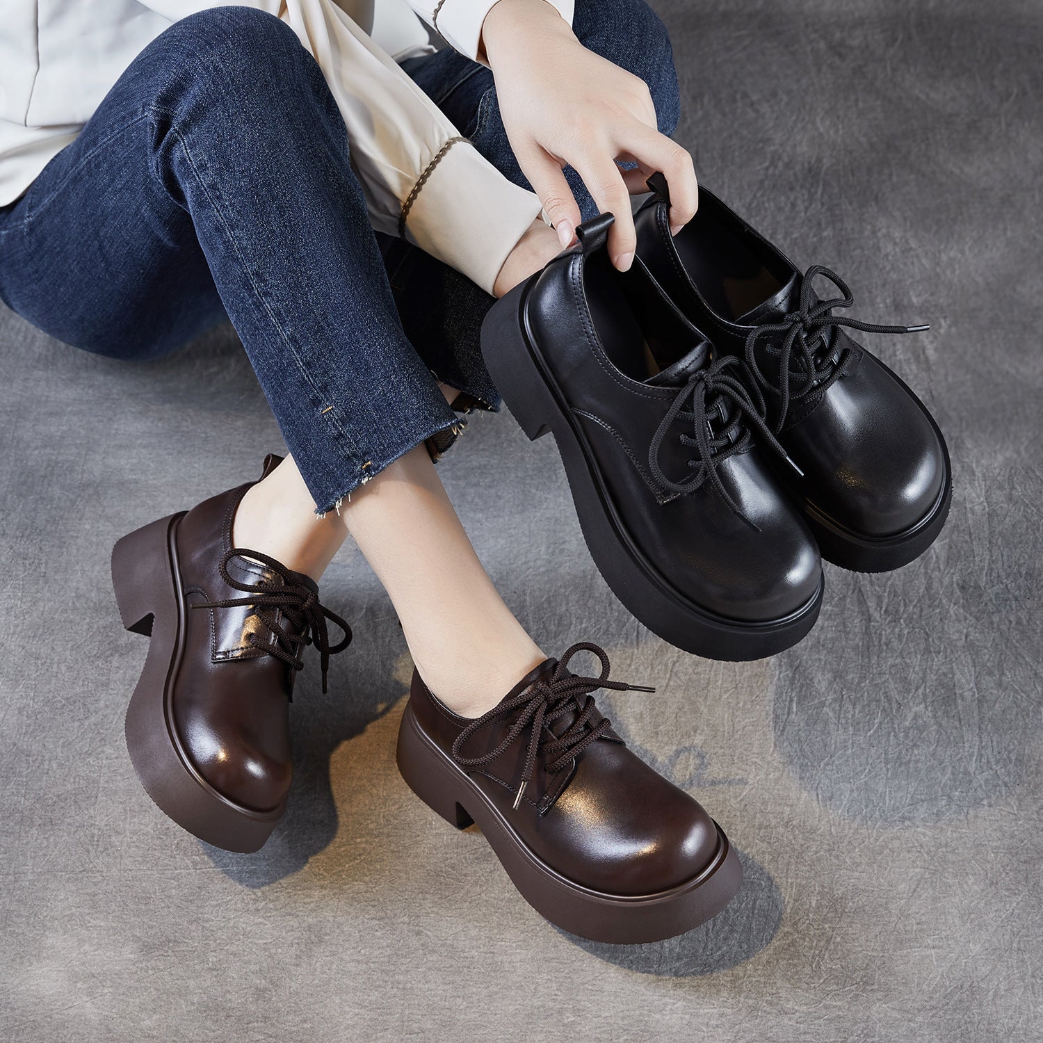 Women's Leather Platform Oxfords Casual Shoes-RAIIFY