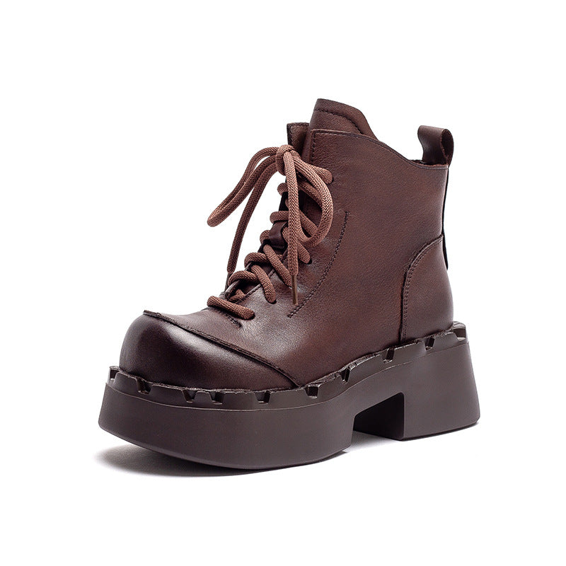 Women's Retro Leather Chunky Platform Ankle Boots-RAIIFY