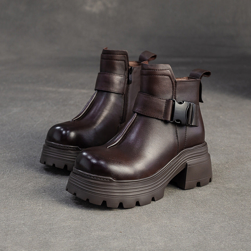 Women's Minimalist Plain Leather Buckle Furred Snow Boots-RAIIFY