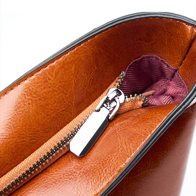 Women's Plain Leather Large Capacity Shoulder Tote Bag-RAIIFY