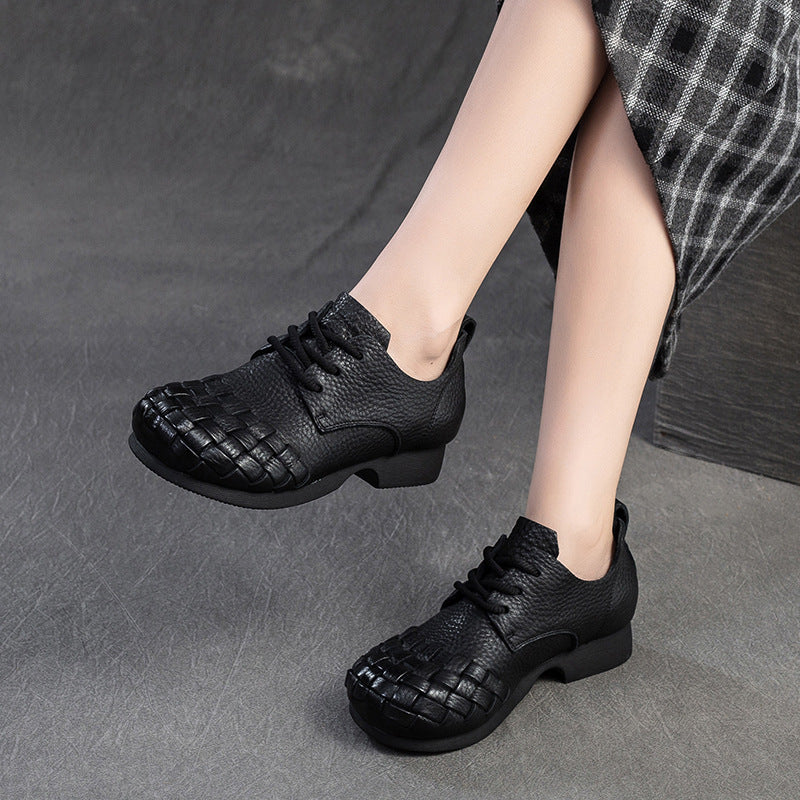 Women Retro Soft Plaited Cowhide Casual Shoes-RAIIFY