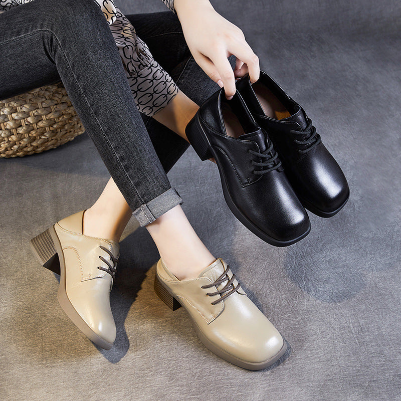 Women Minimalism Soft Sheepskin Chunky Heel Casual Shoes-RAIIFY