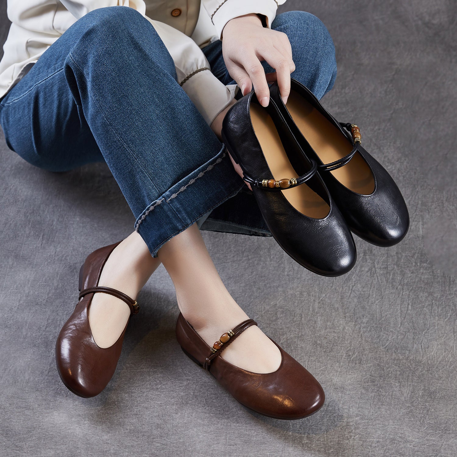 Women Vintage Genuine Leather Mary Jane Soft Flat Shoes-RAIIFY