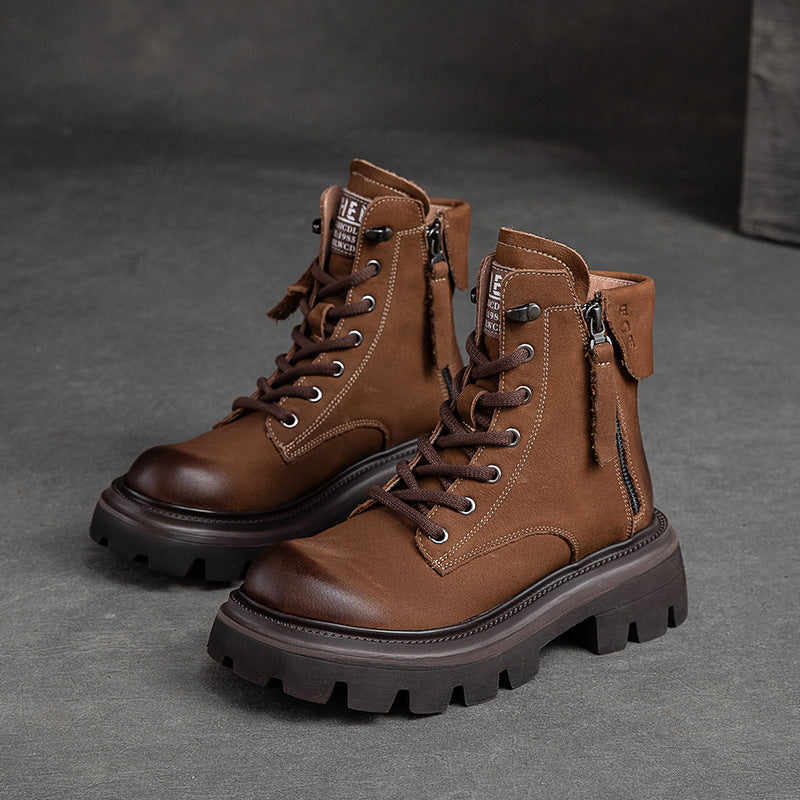 Women Retro Classic Solid Leather Work Casual Boots-RAIIFY