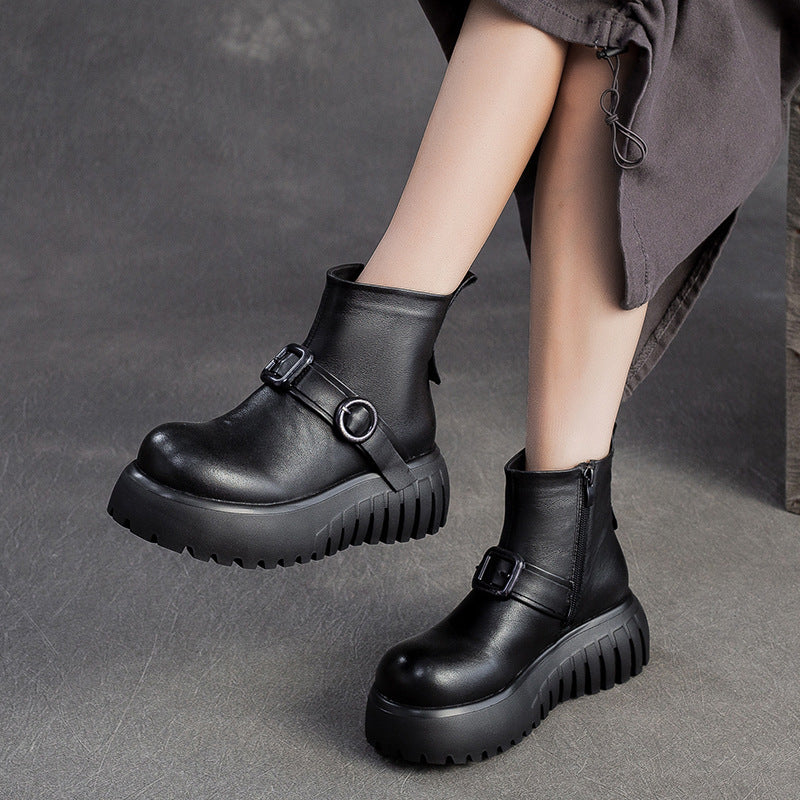 Women's Vintage Leather Casual Ankle Platform Boots-RAIIFY