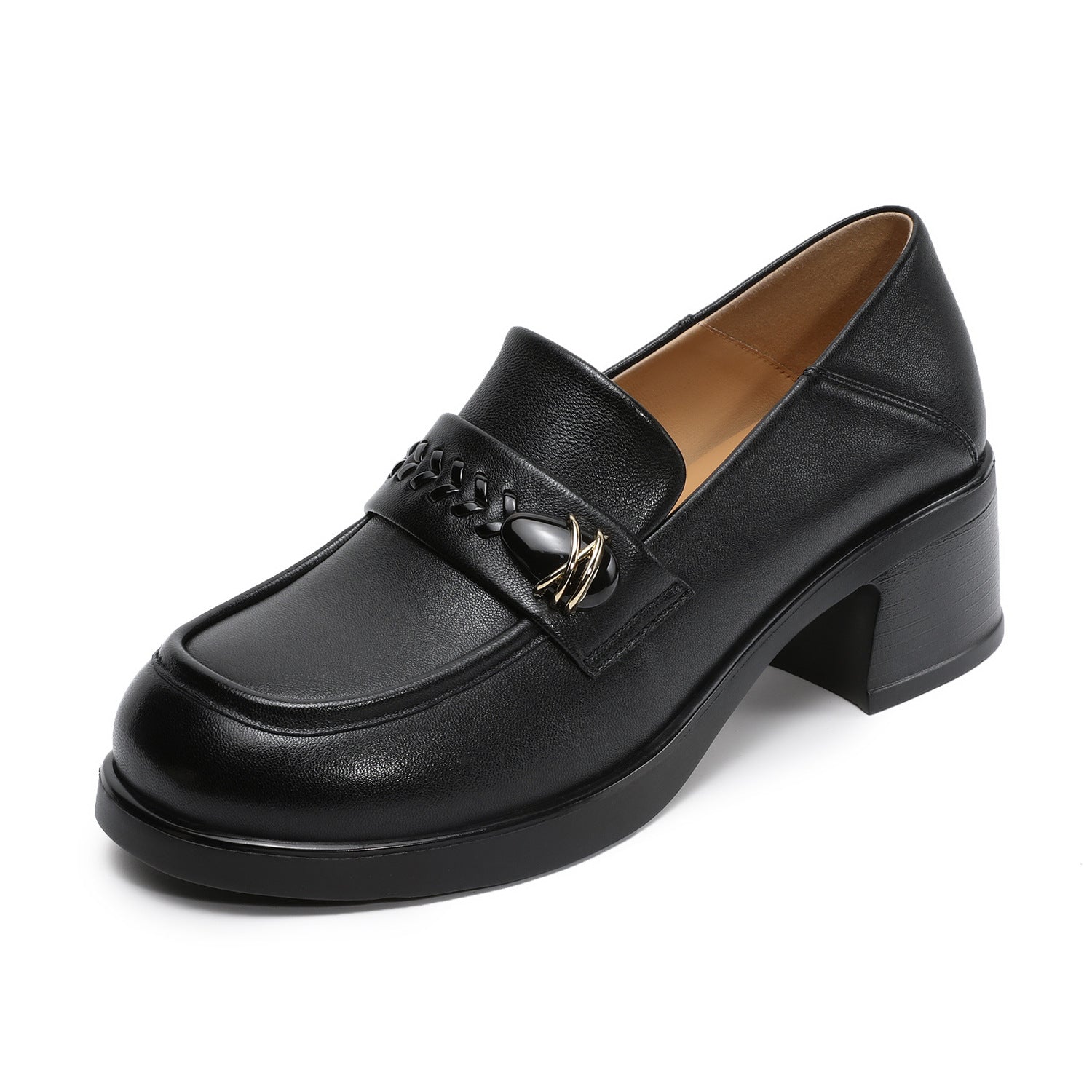 Women's Plain Leather Casual Chunky Heel Loafers-RAIIFY