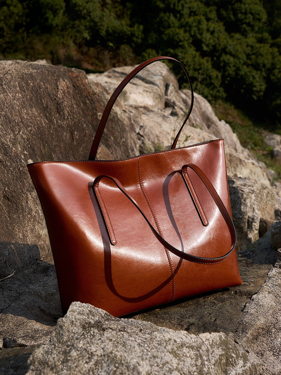 Women's Plain Leather Large Capacity Shoulder Tote Bag-RAIIFY