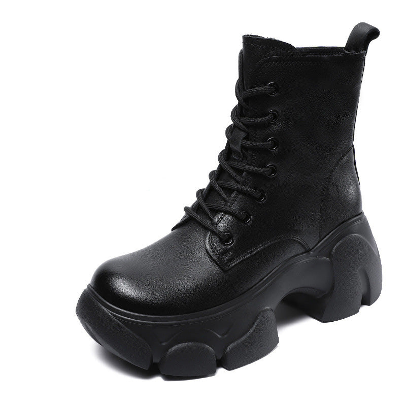 Women's Retro Plain Leather Chunky Platform Boots-RAIIFY