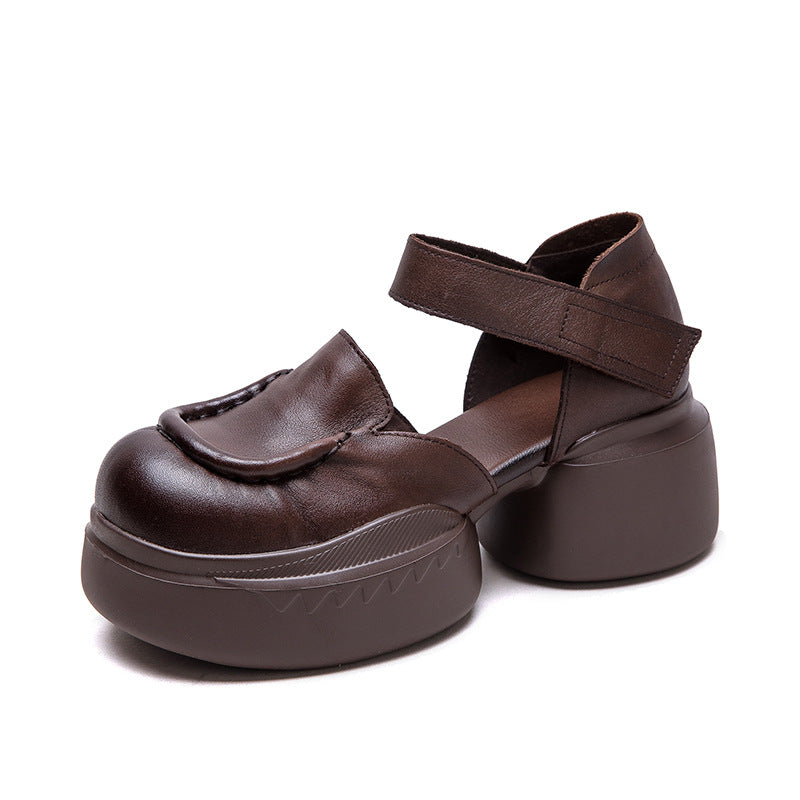 Women Retro Plain Leather Round Head Chunky Platform Sandals-RAIIFY