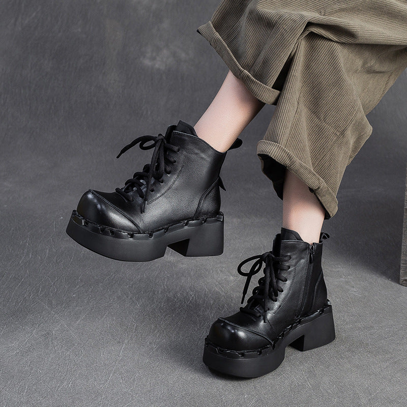 Women's Retro Leather Chunky Platform Ankle Boots-RAIIFY