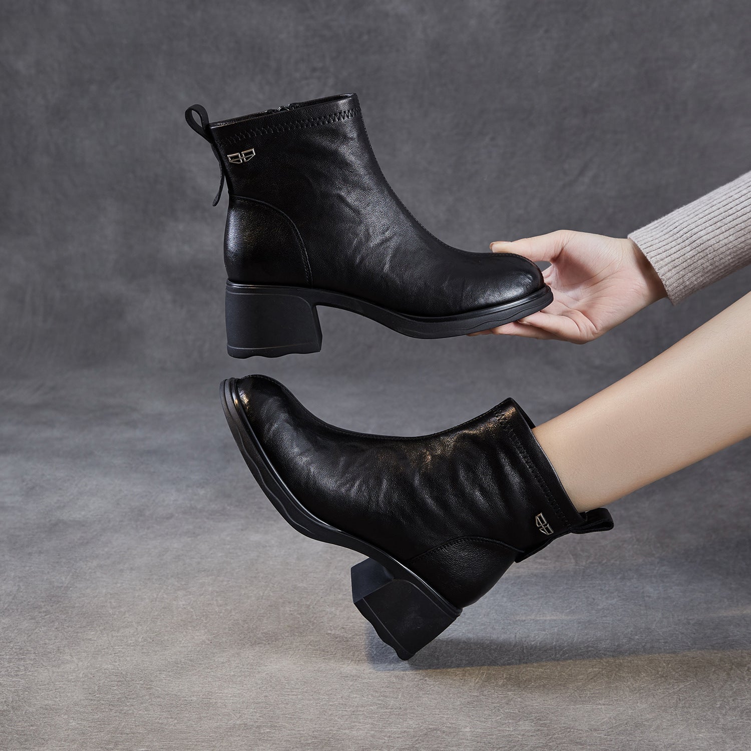 Women's Plain Leather Chunky Heel Furred Ankle Boots-RAIIFY