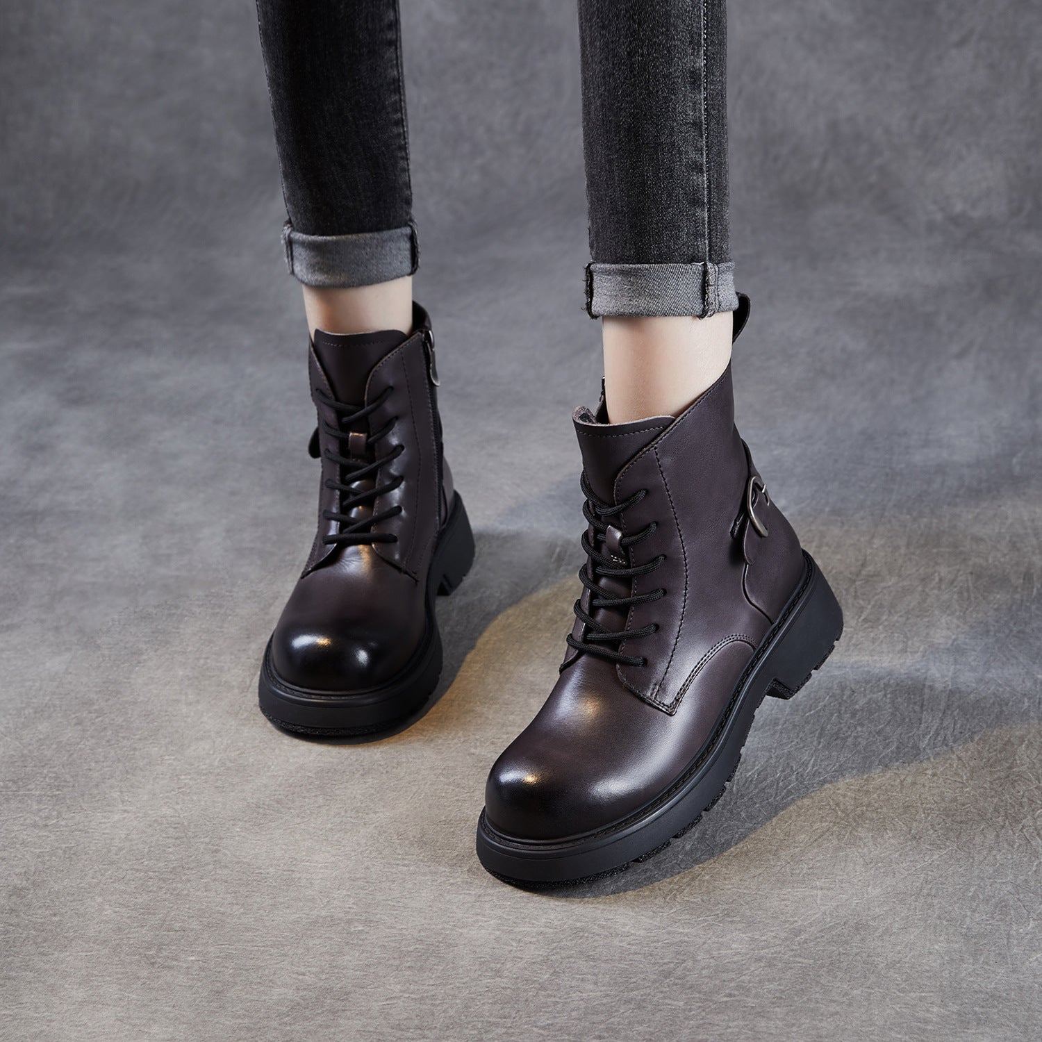 Women's Retro Plain Leather Buckle Ankle Boots-RAIIFY