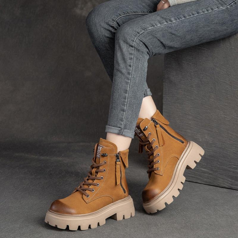 Women Retro Classic Solid Leather Work Casual Boots-RAIIFY
