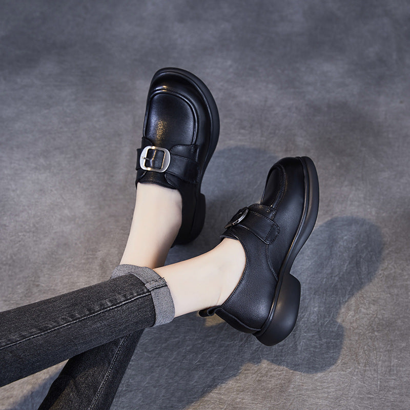 Women Minimalism Solid Leather Buckle Casual Loafers-RAIIFY