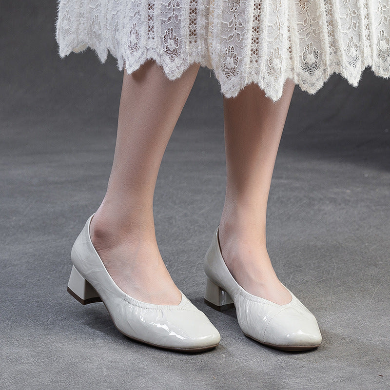 Women's Plain Leather Low Top Chunky Heel Pumps-RAIIFY
