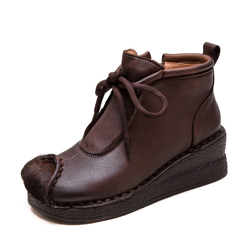 Women Retro Solid Leather Wedge Soft Ankle Boots-RAIIFY