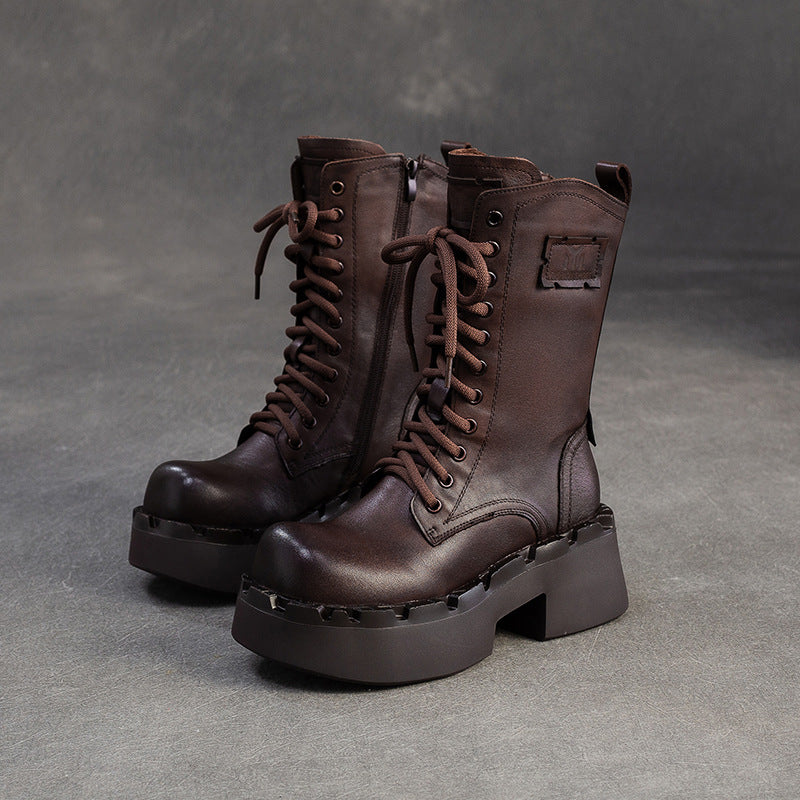 Women's Plain Leather Comfort Platform Riding Boots-RAIIFY