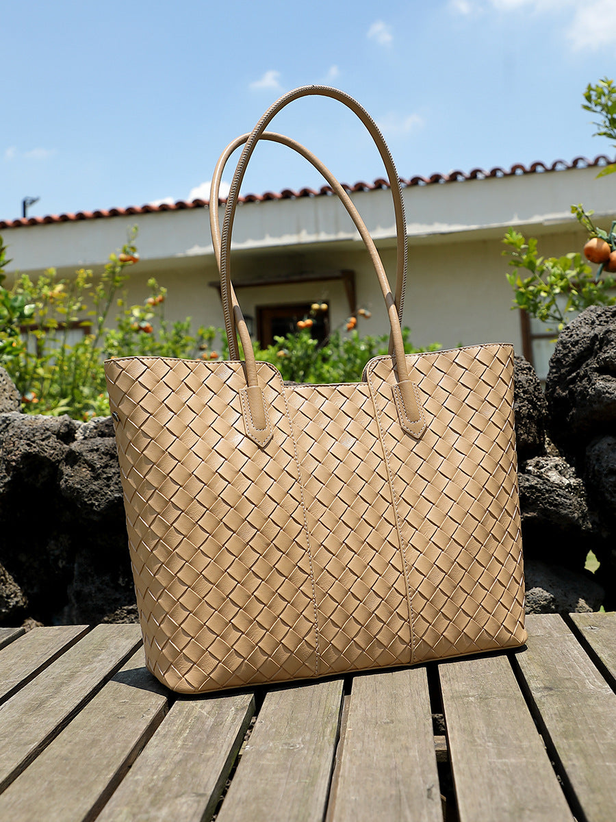 Women's Minimalist Plain Woven Leather Tote Bag-RAIIFY