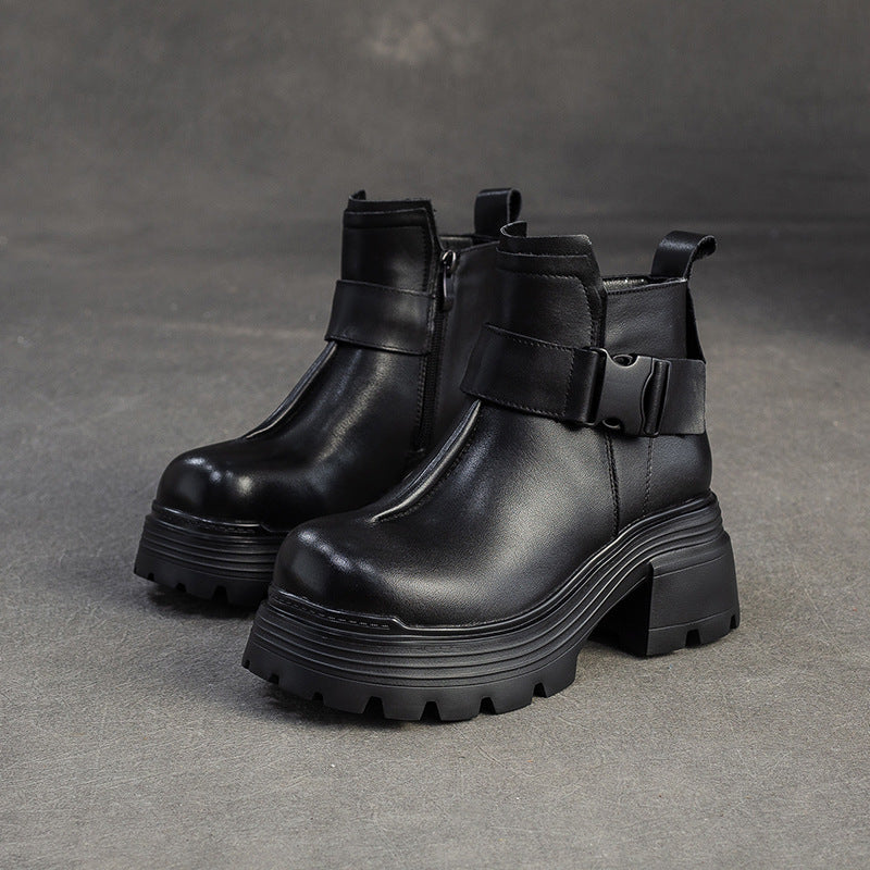 Women's Minimalist Plain Leather Buckle Furred Snow Boots-RAIIFY