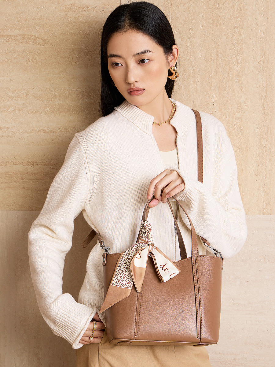 Women’s Elegant Plain Leather Silk Scarf Tote Bag-RAIIFY