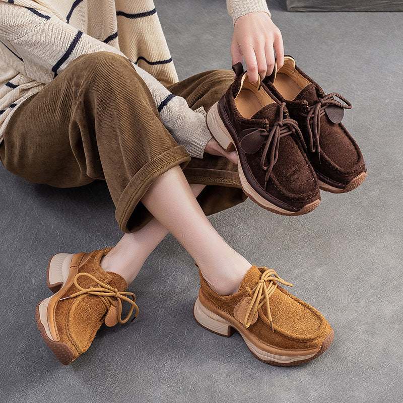 Women Genuine Leather Thick Sole Breathable Casual Lace Up Shoes-RAIIFY