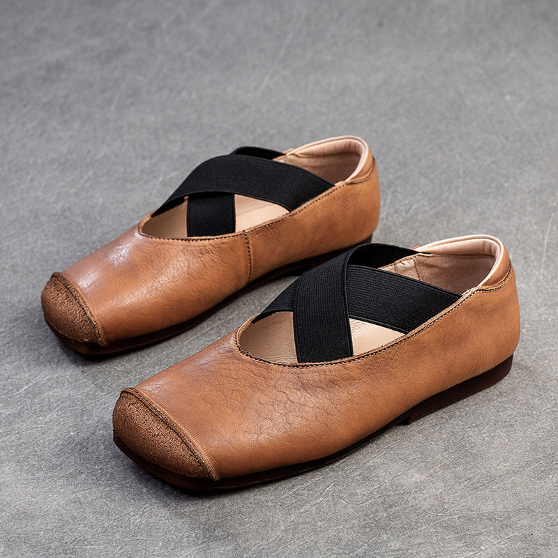 Women Retro Cross Strap Leather Casual Flats-RAIIFY