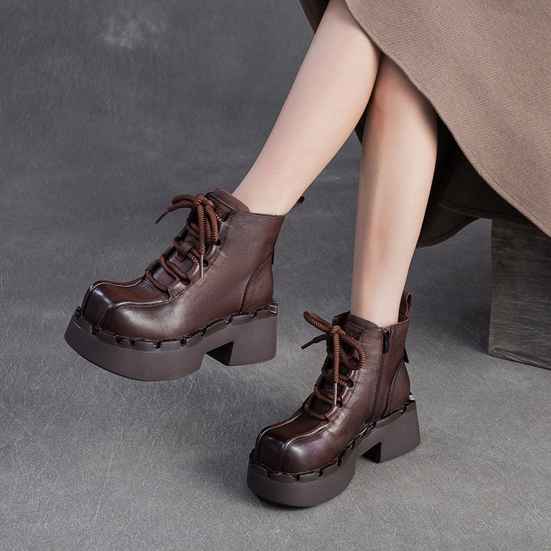 Women's Retro Leather Chunky Heel Boots-RAIIFY