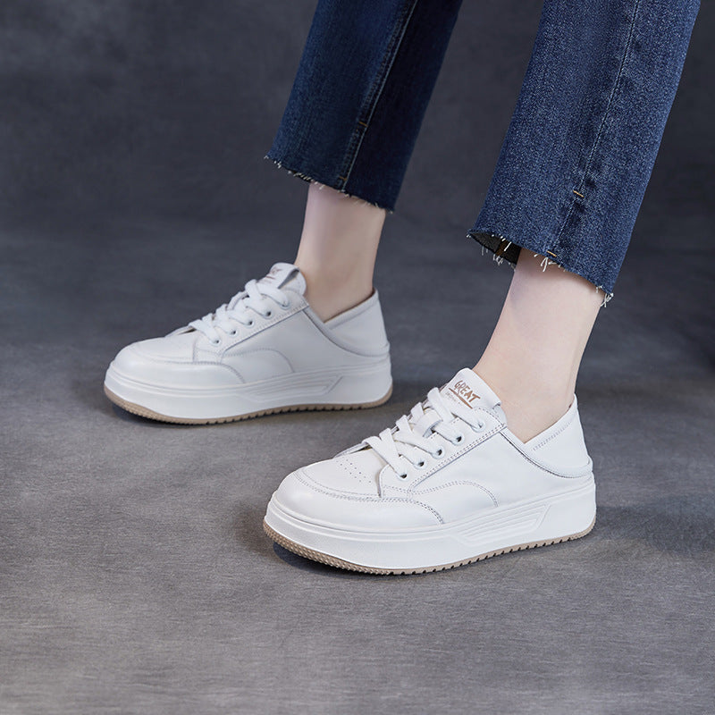 Women Minimalism Fashion Plain Leather Flat Casual Shoes-RAIIFY