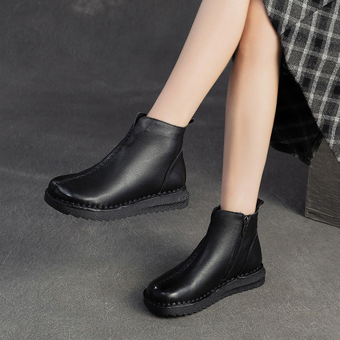 Women's Vintage Plain Leather Furred Flat Ankle Boots-RAIIFY