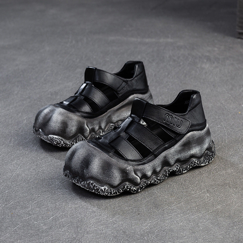 Women Vintage Hollow Leather Thick Soled Casual Sandals-RAIIFY