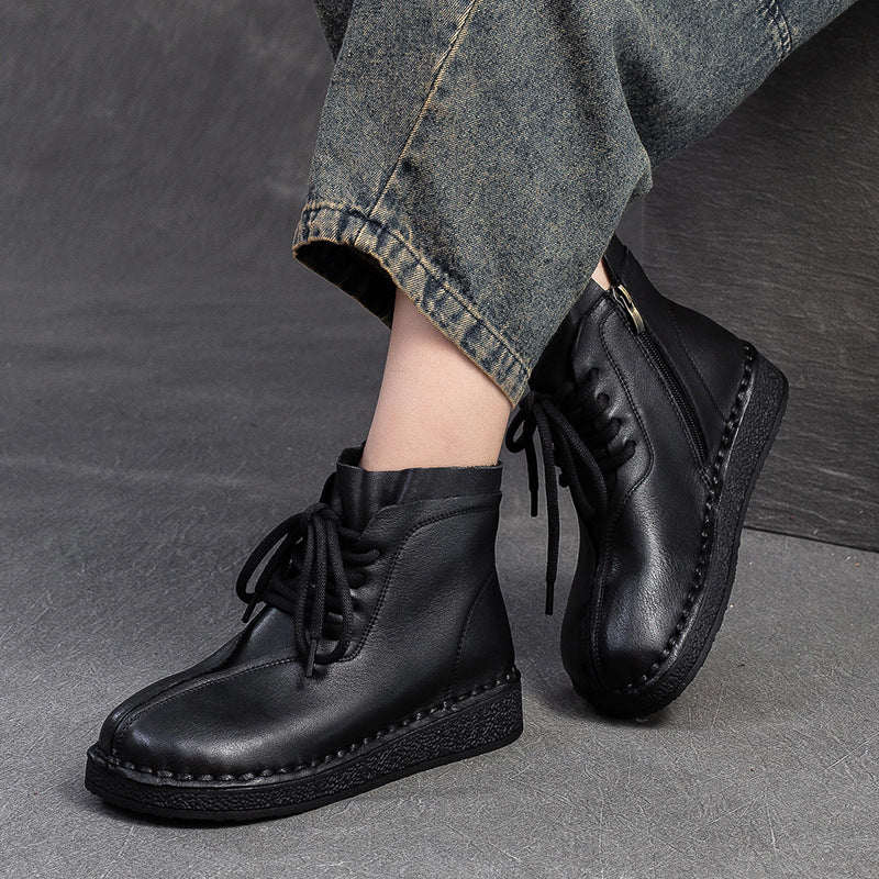 Women Vintage Solid Leather Flat Ankle Boots-RAIIFY