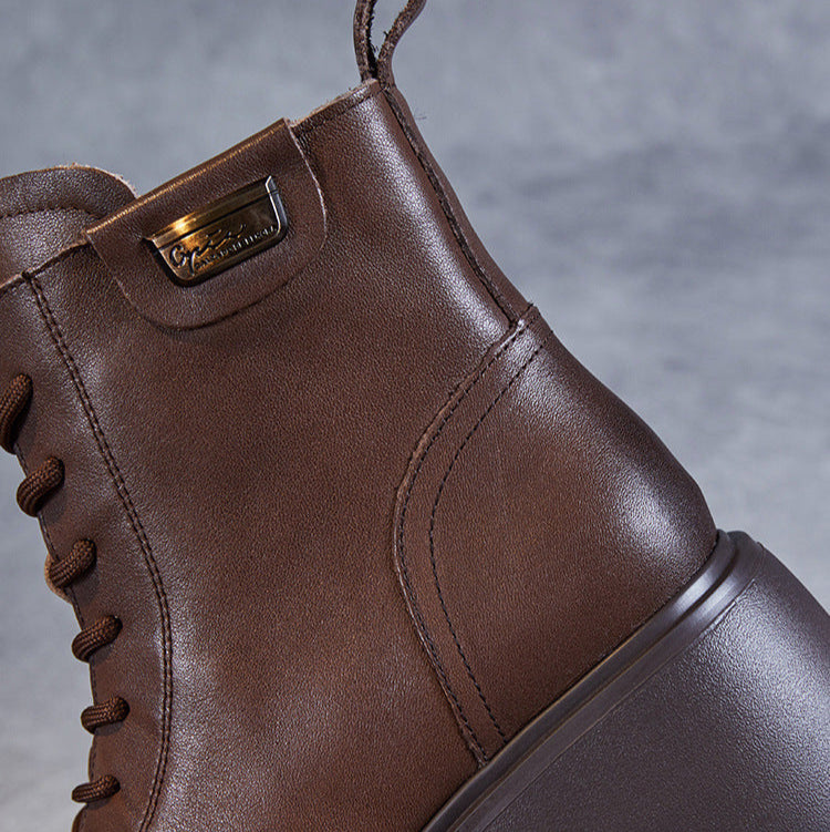 Women's Casual Plain Leather Platform Boots-RAIIFY