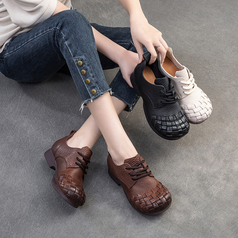 Women Retro Soft Plaited Cowhide Casual Shoes-RAIIFY