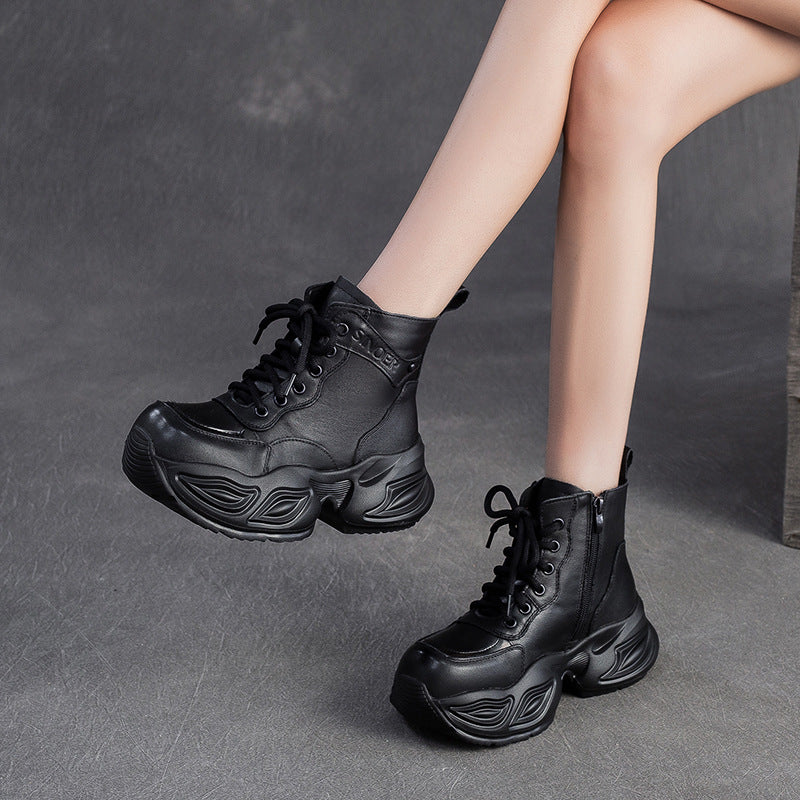 Women's Vintage Leather Chunky Platform Boots-RAIIFY