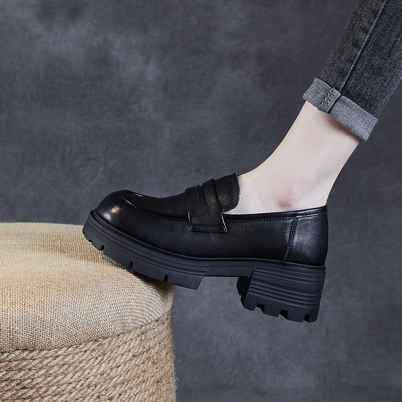 Women Minimalist Comfort Leather Platform Black Loafers-RAIIFY