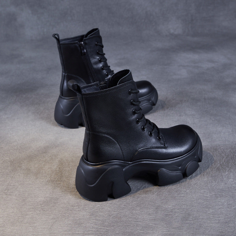 Women's Retro Plain Leather Chunky Platform Boots-RAIIFY