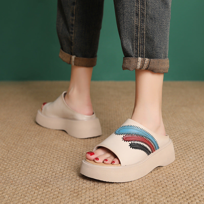 Women's Retro Leather Casual Thick Soled Slides-RAIIFY