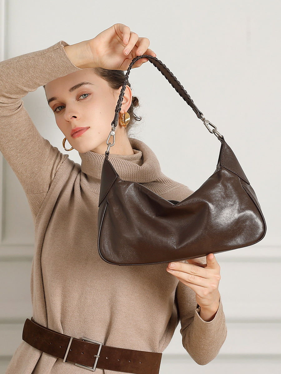 Women’s Retro Plain Soft Leather Retro Shoulder Hobo Bag-RAIIFY