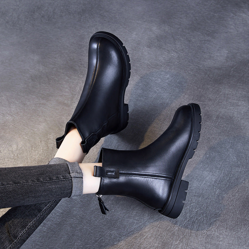 Women's Minimalist Plain Leather Furred Ankle Boots-RAIIFY