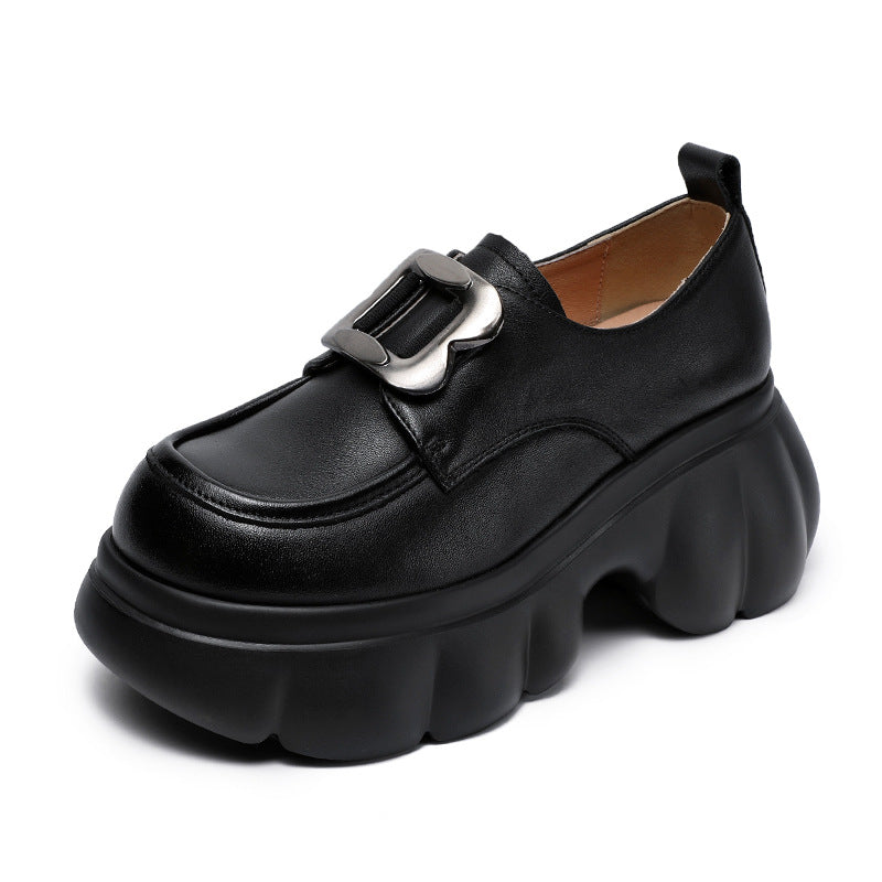 Women Plain Leather Buckle Chunky Platform Loafers-RAIIFY
