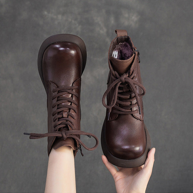 Women's Minimalist Plain Leather Woolen Snow Boots-RAIIFY