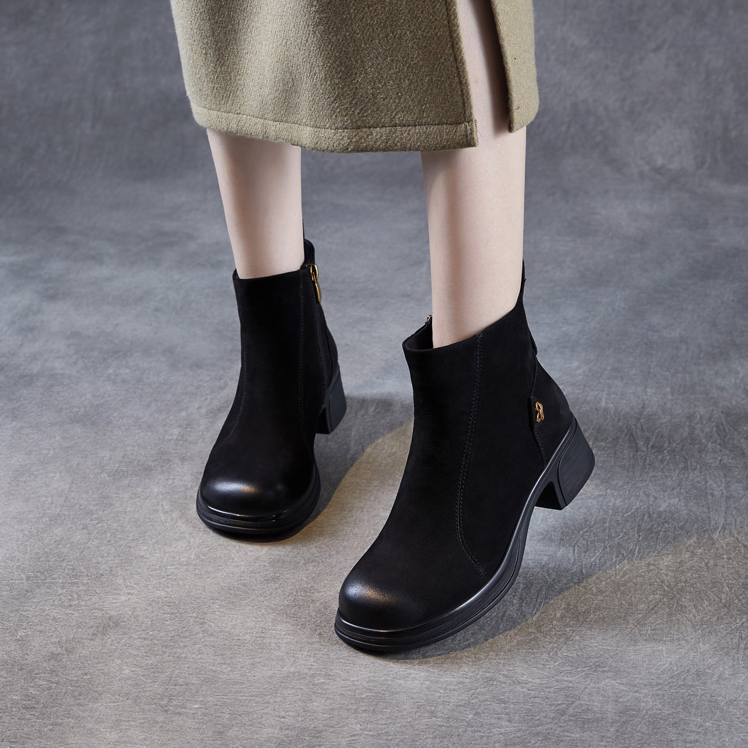 Women's Vintage Leather Chunky Heel Ankle Boots-RAIIFY