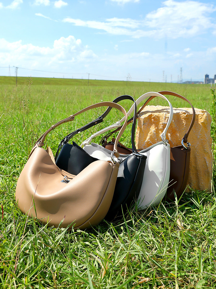 Women's Fashion Soft Plain Leather Crescent Shoulder Bag-RAIIFY