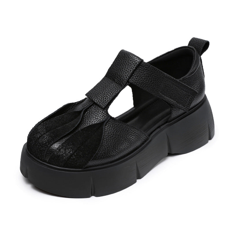 Women Retro Plain Leather Platform Velcro Tape Sandals-RAIIFY