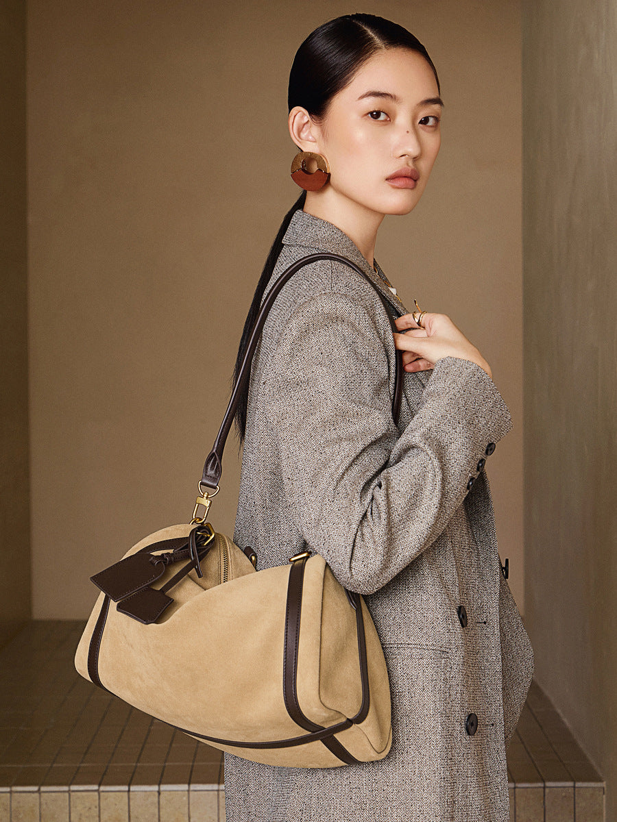Women’s Suede & Leather Boston Shoulder Bag-RAIIFY